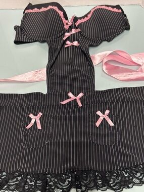 Black Pinstripe Lingerie Babydoll with Pink Bows